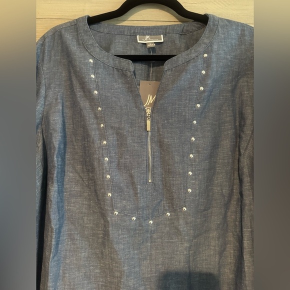 JM Collection Denim Blue Tunic with Pearl Accents - Picture 7 of 8